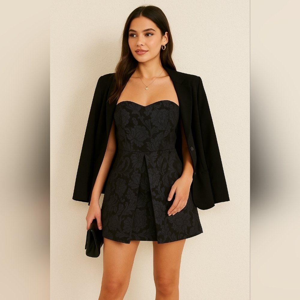 Zara Jacquard Fit and Flare Bustier Dress Size Large in Navy